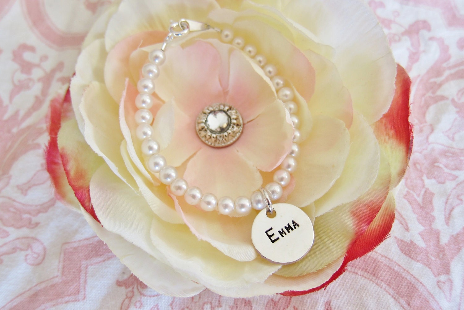 Baby Bracelet, Pearl, Hand Stamped, Personalized, New Baby, Keepsake, Sterling Silver, Newborn gift, Infant, Toddler, Little Girl