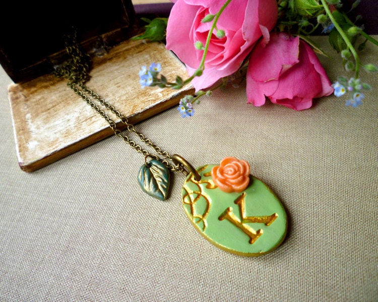 Initial Necklace - Victorian Garden - Fern green and Gold with Coral Rose Oval