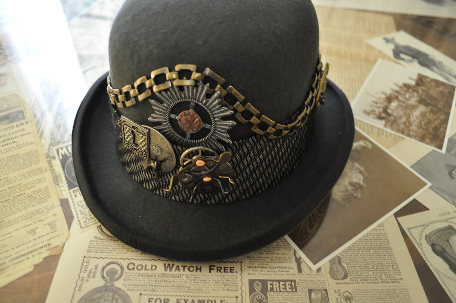 Men's Steampunk Hat-----One Of A Kind---READY TO SHIP--Upcycled--Gray Derby (Bowler) Style--Clockworks---Brass--Medium size 22"