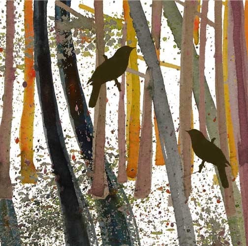 Nature trees Art Bird in the woods Limited edition giclee Rustic outdoors woodland forest blackbirds orange brown summer autumn fall Harvest