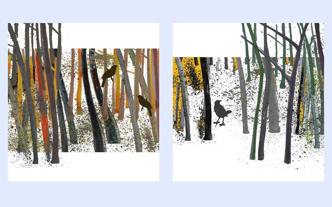 Nature trees Art Bird in the woods Limited edition giclee Rustic outdoors woodland forest blackbirds orange brown summer autumn fall Harvest