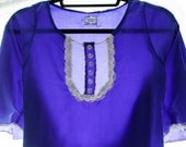 Size M - Blue silk nightgown with blue ribbon tieback