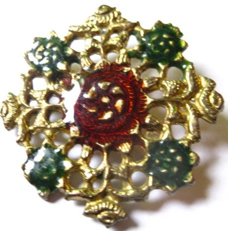 20 Percent Off  Vintage Lot of 3 Large Brooches Resin Cameo Flowers  Antique Gold Tone Green Red