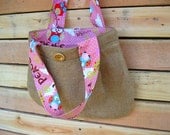 Upcycled Burlap Pleated Purse. Earth Day. Spring. Fashion. Owls. Peace Signs. Pink. Polka Dots. Mothers Day. Gift Idea.