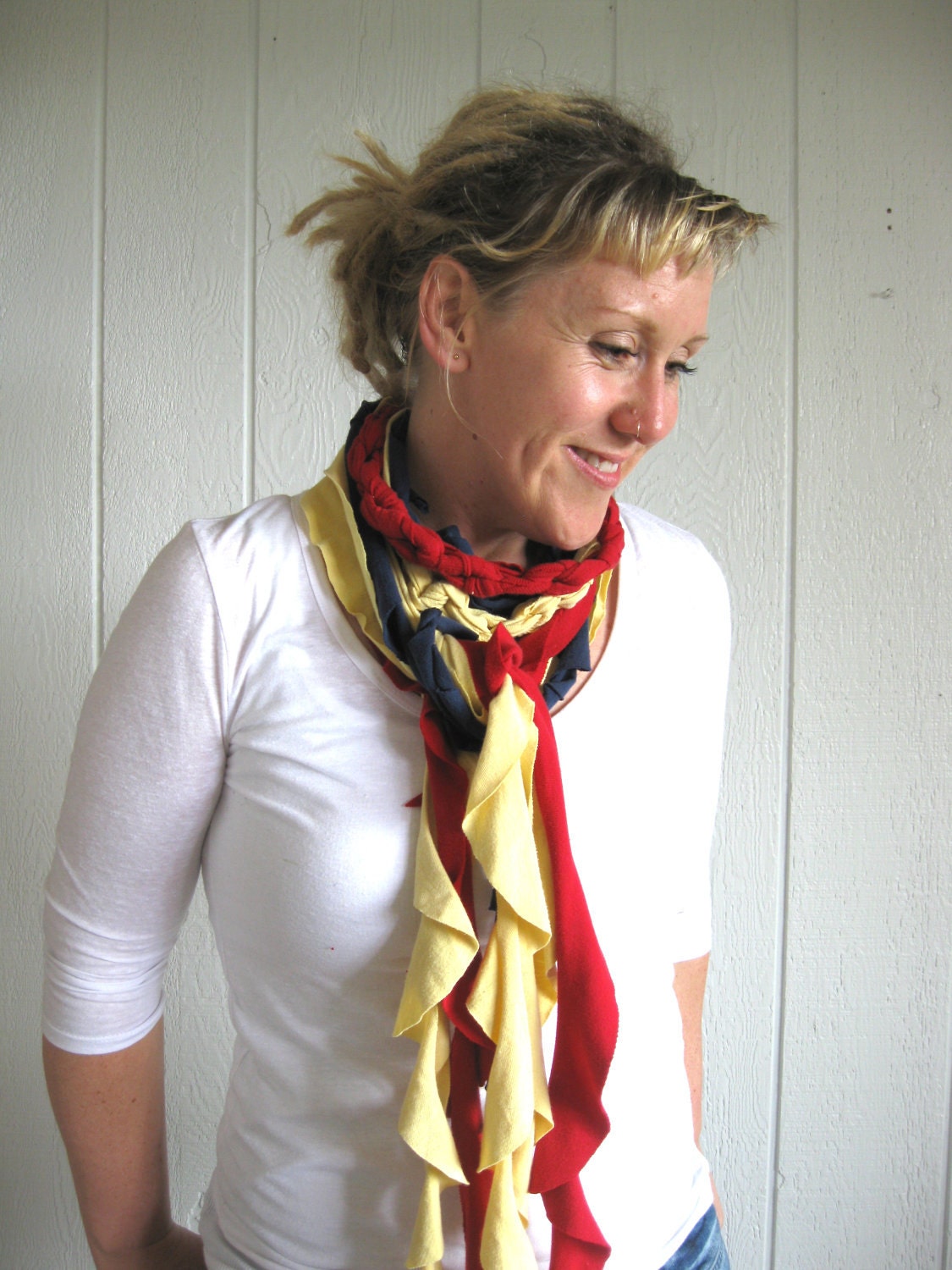 Eco . Upcycled T-Shirt. Earth Day. Spring. Fashion. Ruby. Lemon Zest. Monaco Blue. Red. Blue. Yellow. Scarf Set. Mothers Day. Gift Idea.