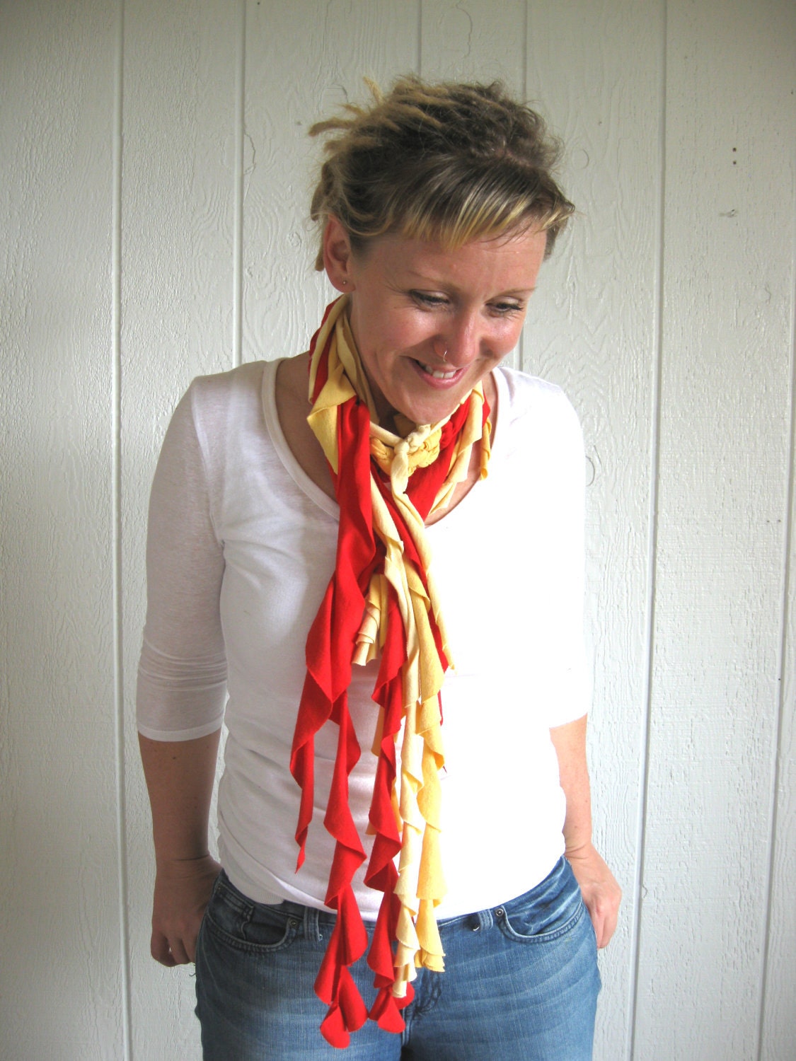 Eco Friendly. Upcycled T-Shirt. Earth Day. Spring. Fashion. Red. Poppy. Lemon Zest. Yellow. Scarf Set. Mothers Day. Gift Idea.