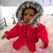 Childs hooded sweater, hooded cardigan, childs jacket. Red. Handknit. Aran furry trimmed..20% off Original /one only. UK seller