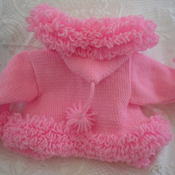 Handknit baby coat Pink Baby Sweater, loopy trim, hoodie, jacket. hooded baby coat, handknit 0-3 mths Cyber Monday