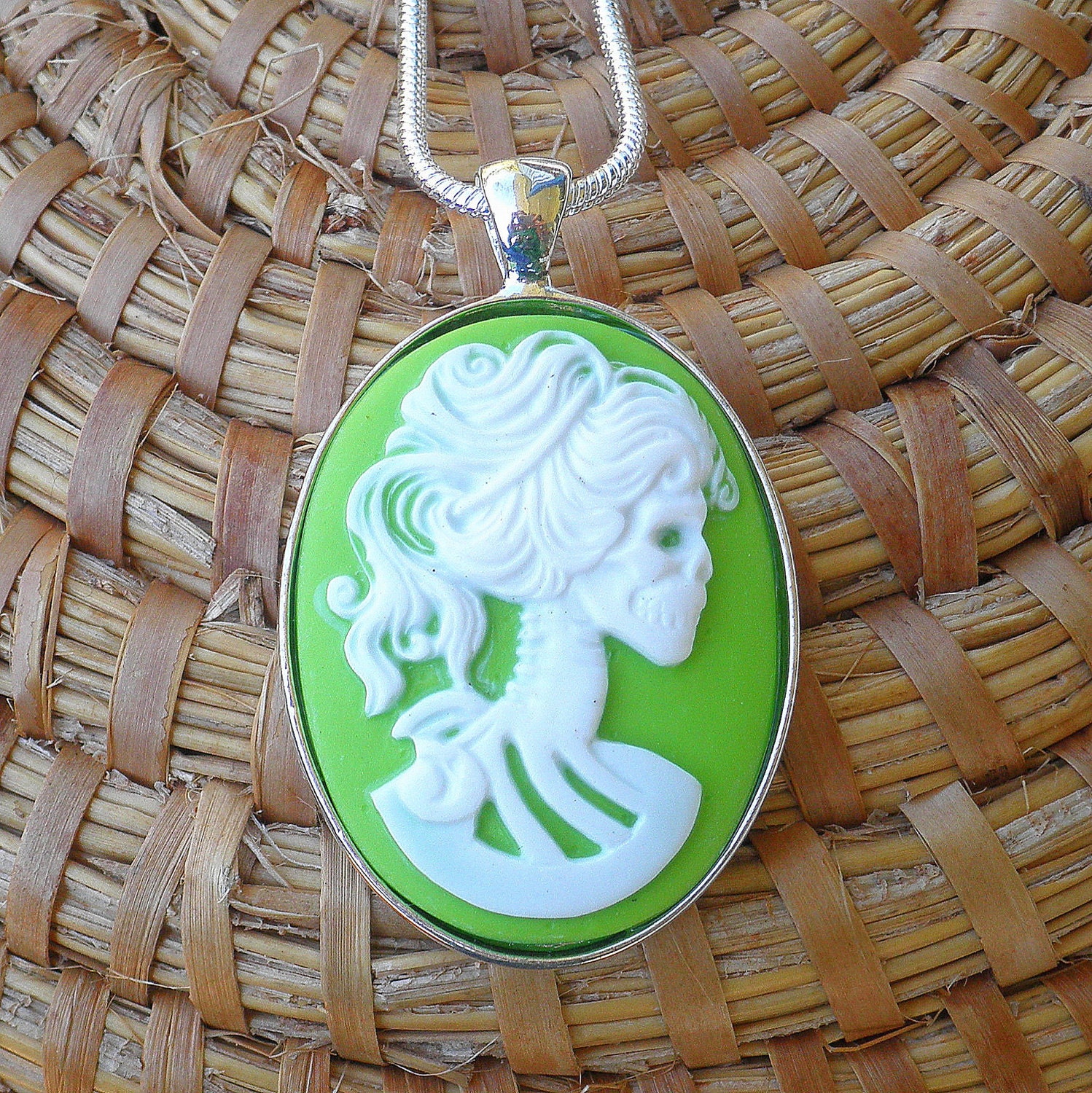 Lime Green Lolita Lady Death Resin Pendant Necklace with Sterling Silver Chain