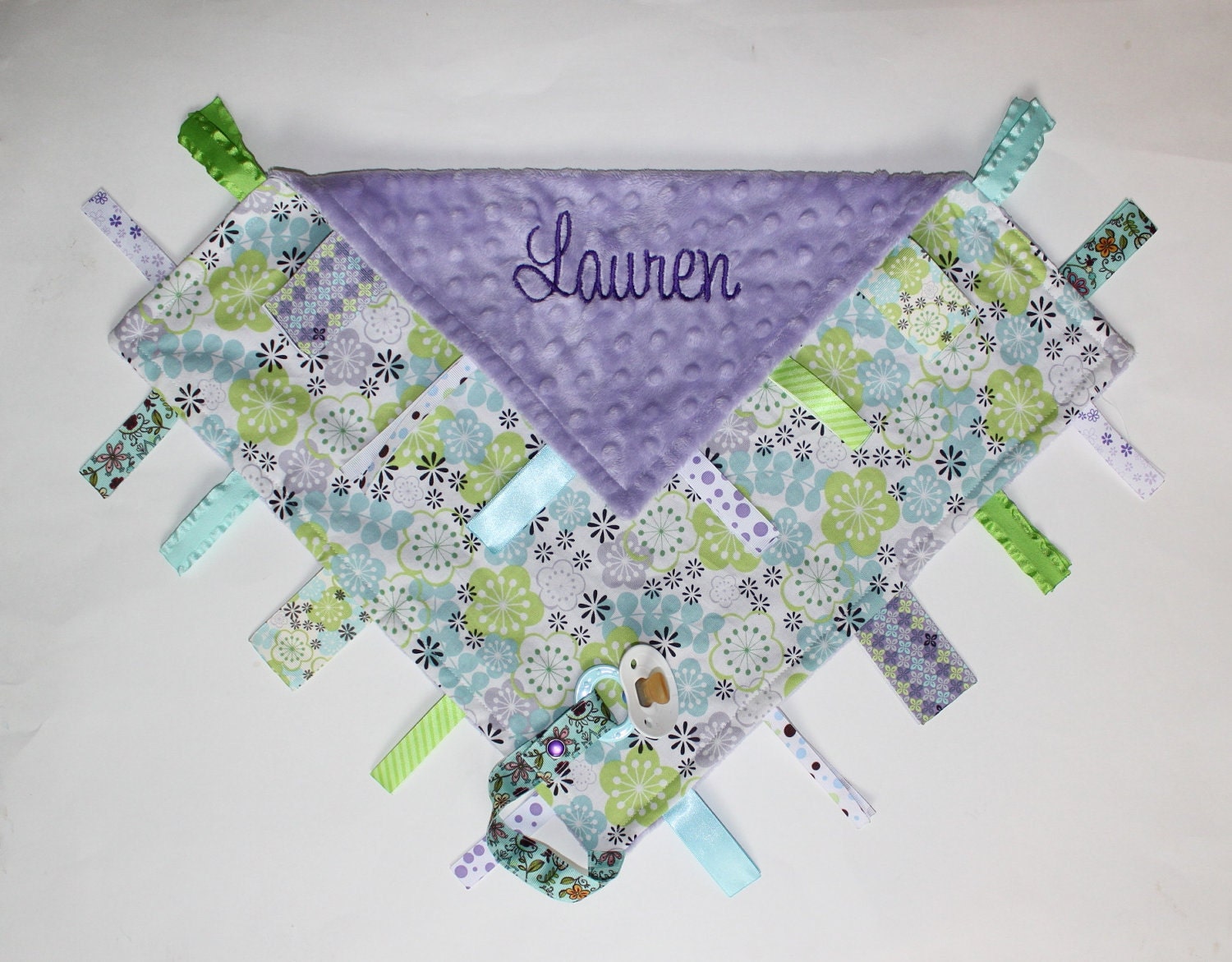 PERSONALIZED Ribbon Tag Blankie with Pacifier Clip, Large 16 x 16 - Purple, Green, Blue Flowers with Lavender Dot Minky