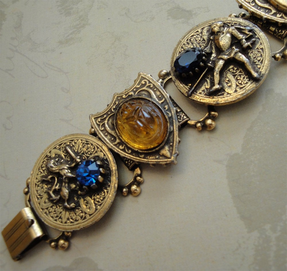 Vintage Bracelet Rare Reinad Scarab and Sheilds Intaglio Bracelet Rhinestone Gems in a Chunky Style Amazing Quality