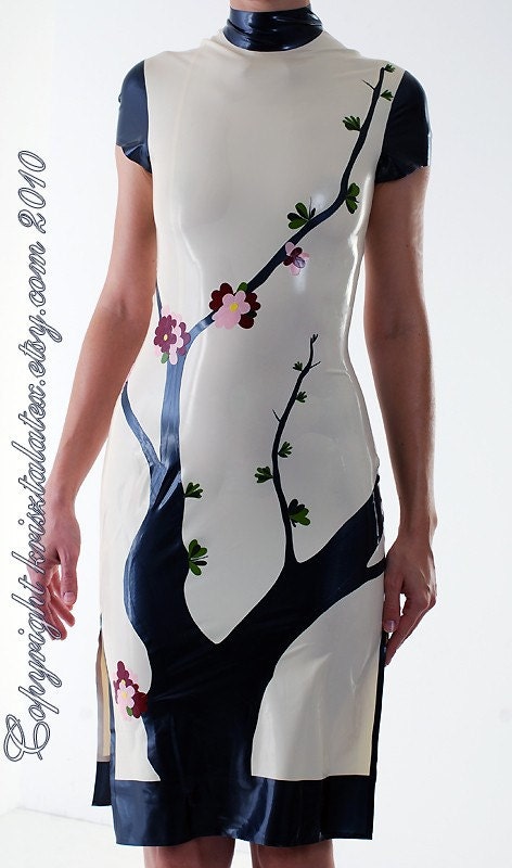Latex Dress with a Chaenomeles Shrub Around Your Body - Ikebana (Japanese Quince)