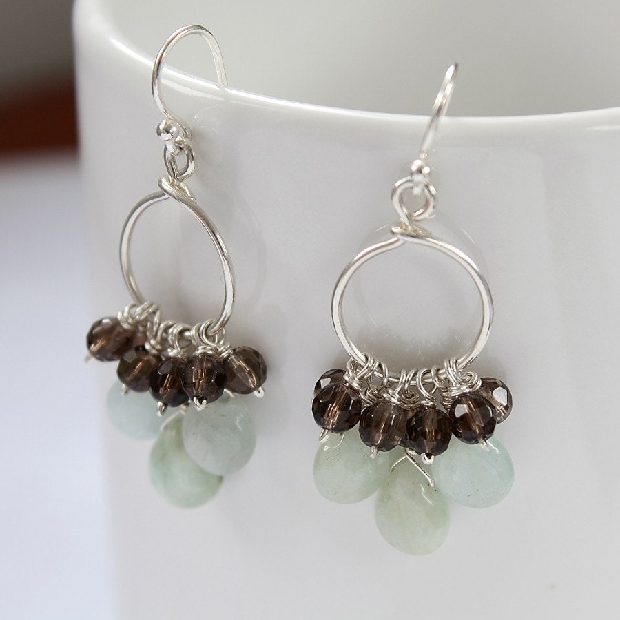 Aquamarine Earrings with Smoky Quartz, Sterling Silver Hoop