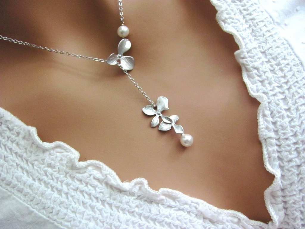 Silver Orchid and Pearl Romantic Lariat Necklace- version I available in gold, bridal bridesmaids jewelry, original design by ACutieChick