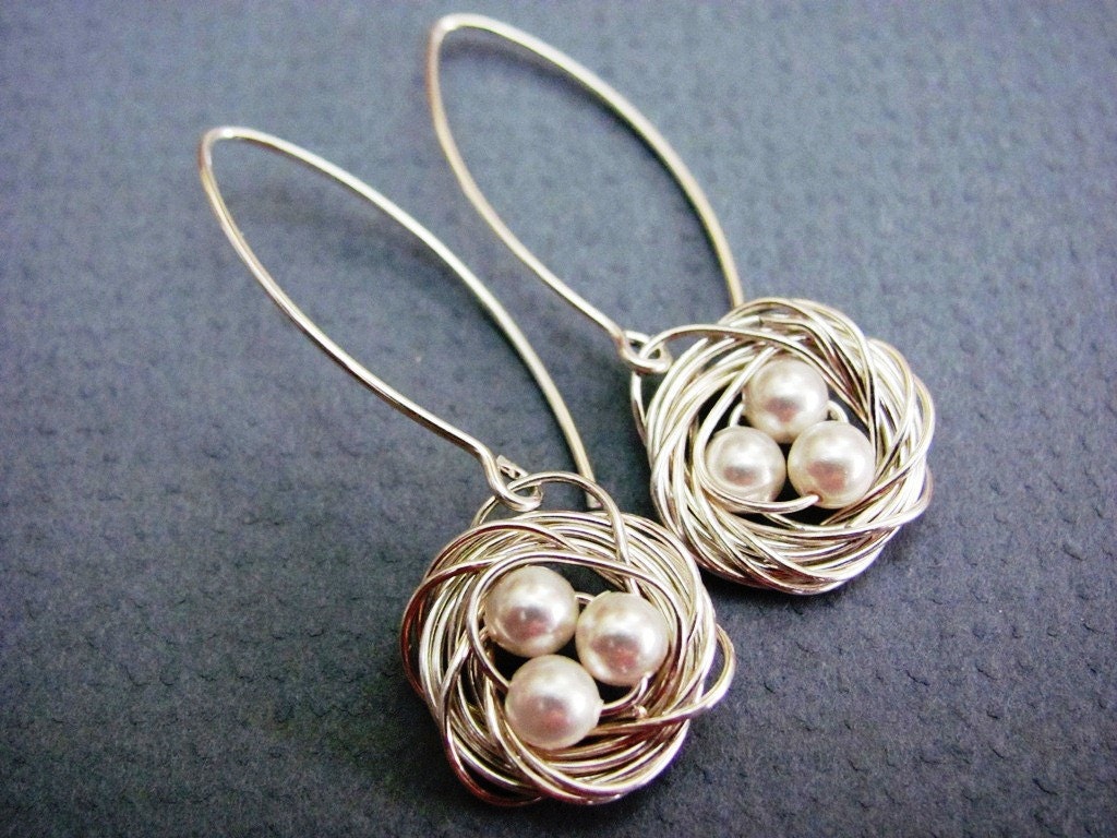 Silver Baby Bird Nest Earrings- handmade sterling silver earwires, mom, mother's day, baby shower gift, customizable