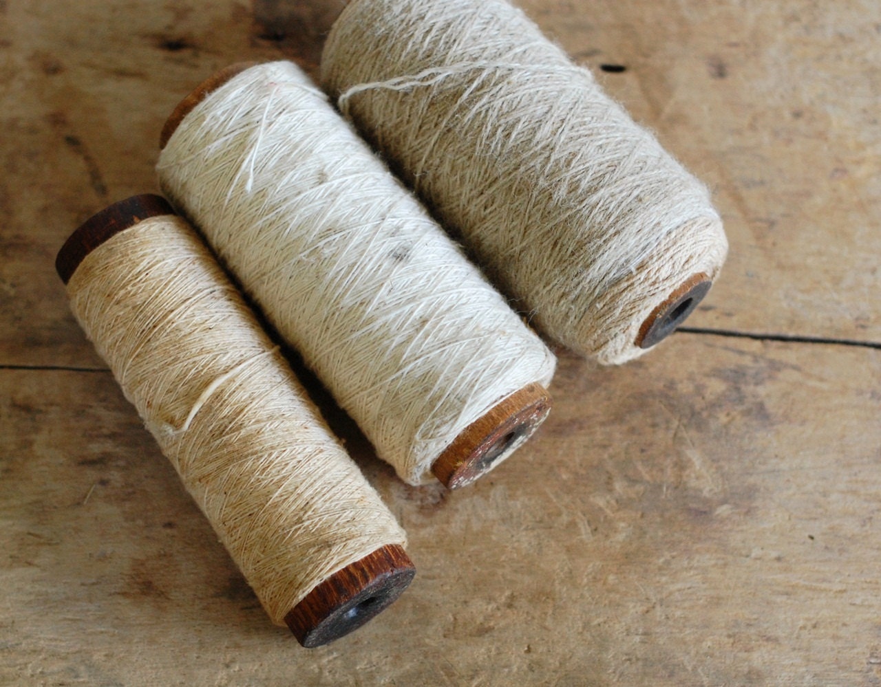 Set of 3 Old Spools of Vintage Yarns & Thread