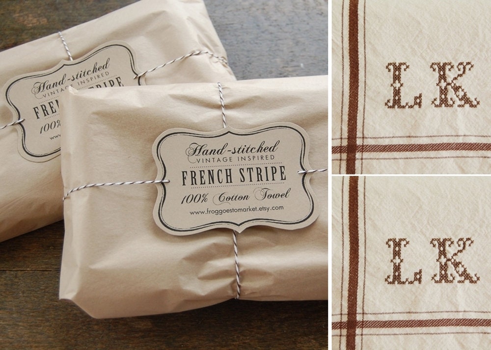 Set of 2 - BROWN - Personalized French Stripe Towel with hand-stitched initials