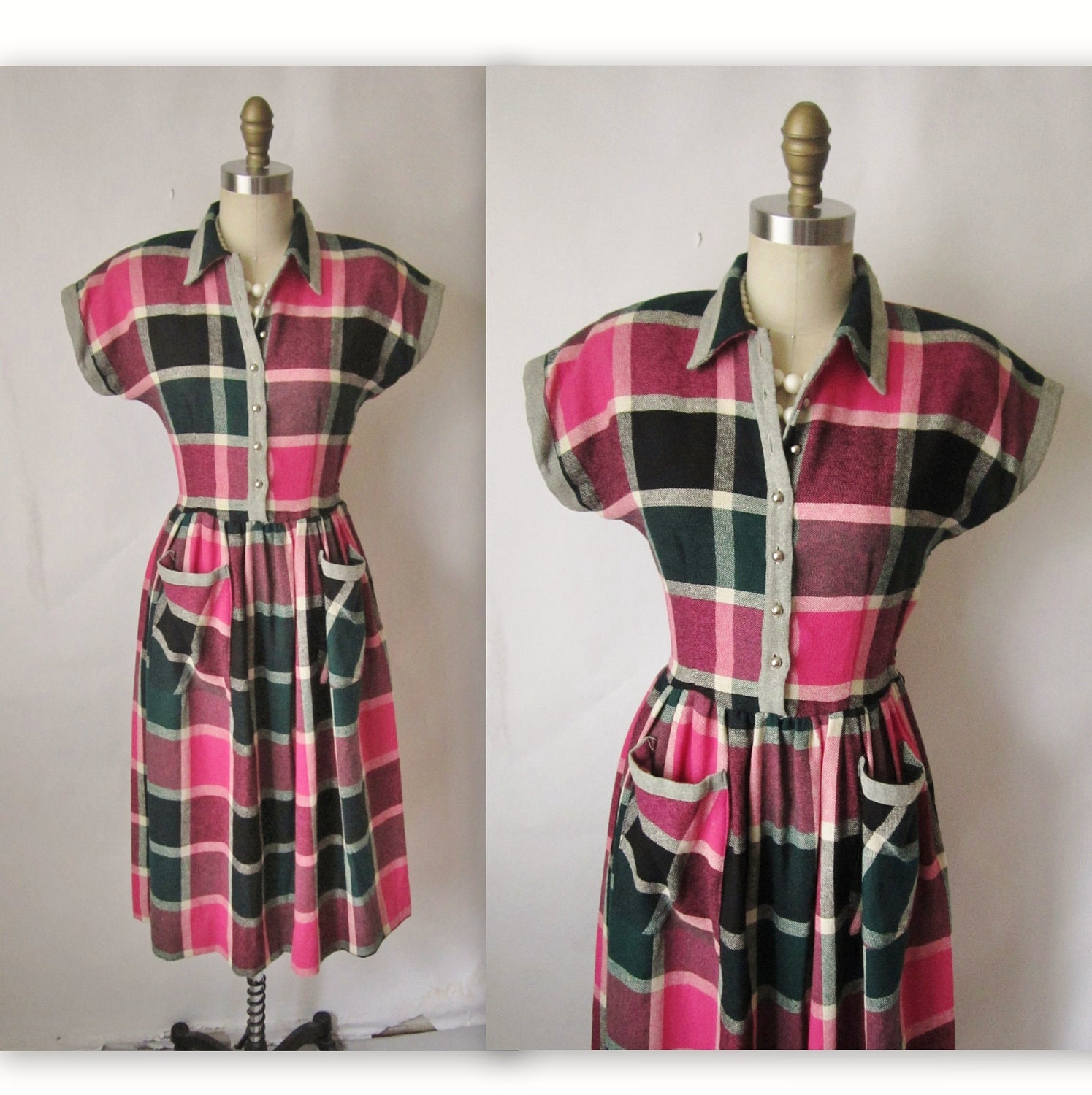 1950's Plaid Dress // Vintage 1950's Pink Plaid Wool Gal Friday Casual Secretary Dress S