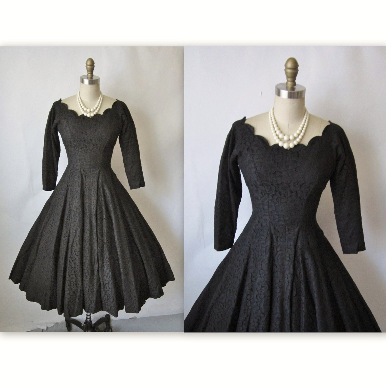 50's Cocktail Dress // Vintage 1950's Black Lace Full Circle Cocktail Party Dress XS