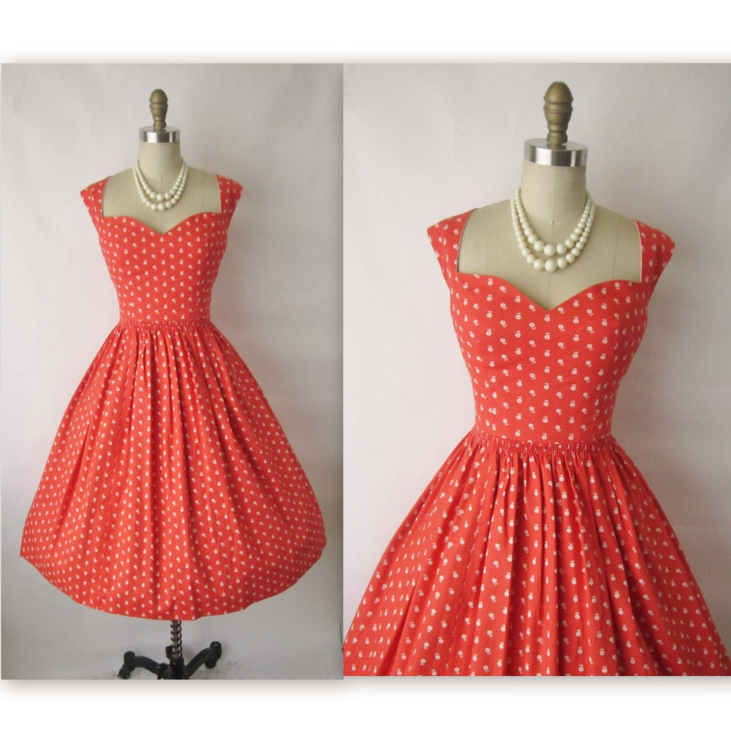 50's Garden Party Dress // Vintage 1950's Coral Floral Print Cotton Garden Party Day Dress L