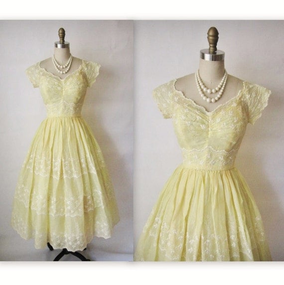 50's Eyelet Dress // Vintage 1950's Emma Domb Embroidered Organdy Canary Yellow Prom Wedding Dress XS
