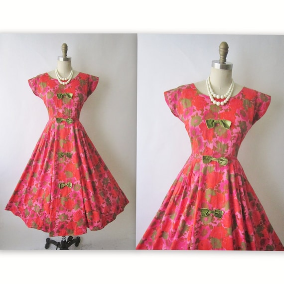 50's Floral Dress // Vintage 1950's Red  Floral Print Cotton Garden Party Summer Dress XS