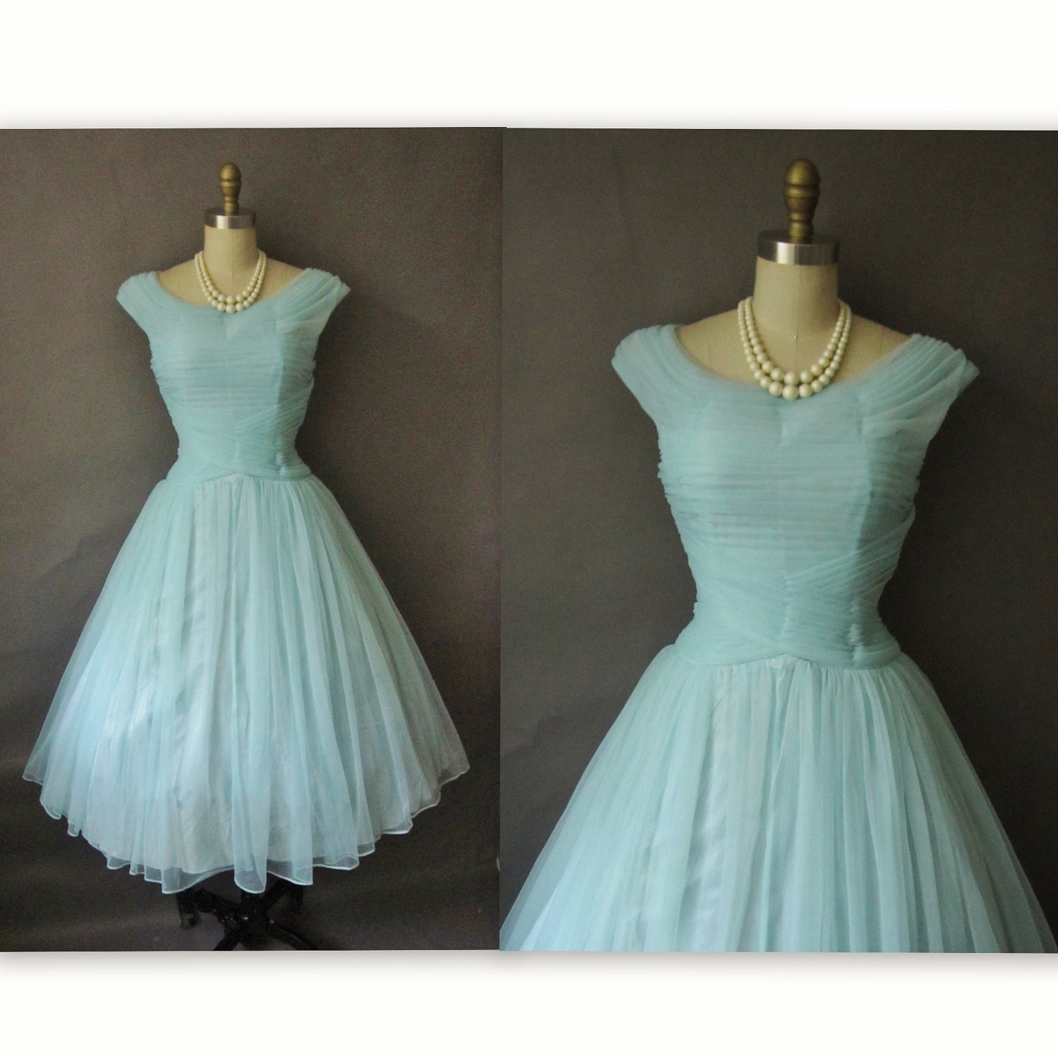 50's Chiffon Dress // Vintage 1950's Pleated Blue Chiffon Prom Wedding Party Dress S