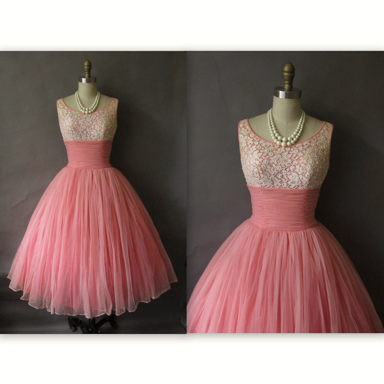 50's Prom Dress // Vintage 1950's Ruched Chiffon Lace Wedding Party Prom Dress XS S