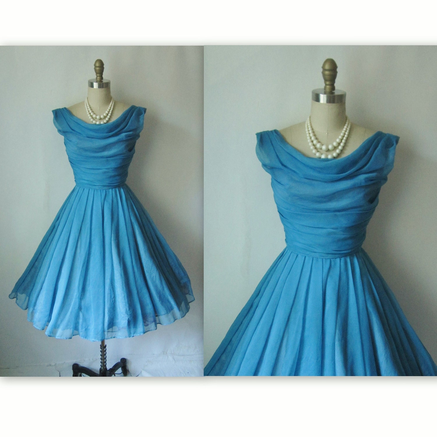 50's Prom Dress // Vintage 1950's Blue Chiffon Prom Wedding Party Dress XS
