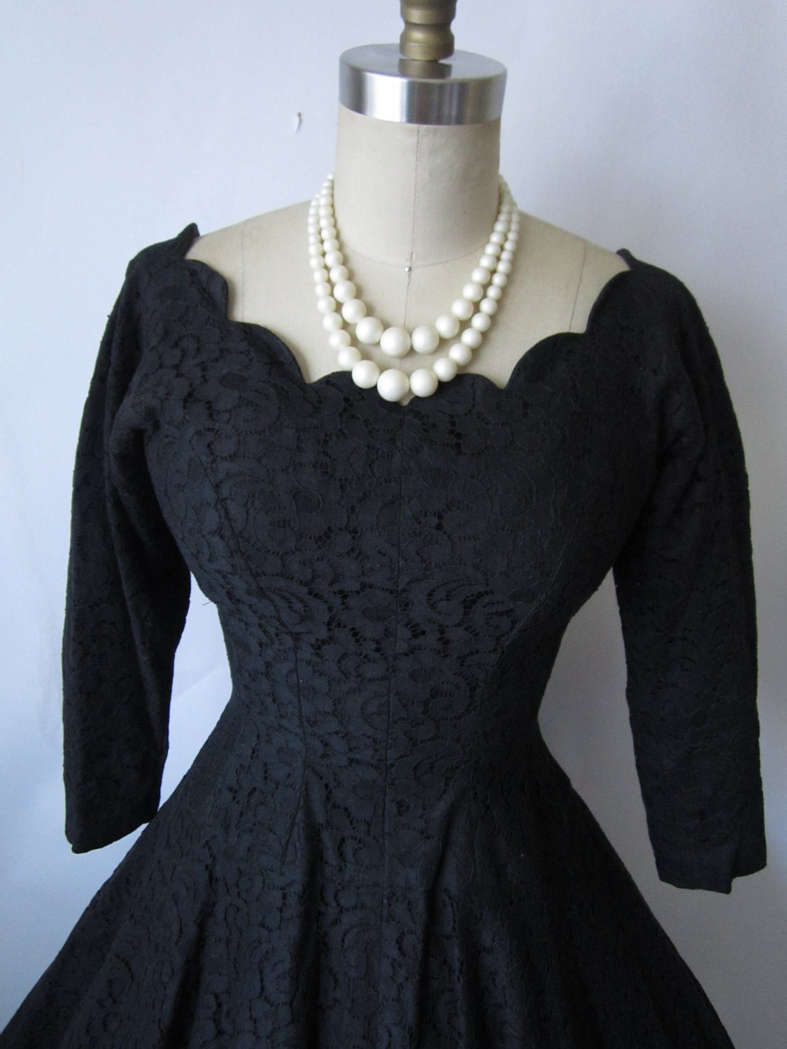 50's Cocktail Dress // Vintage 1950's Black Lace Full Circle Cocktail Party Dress XS