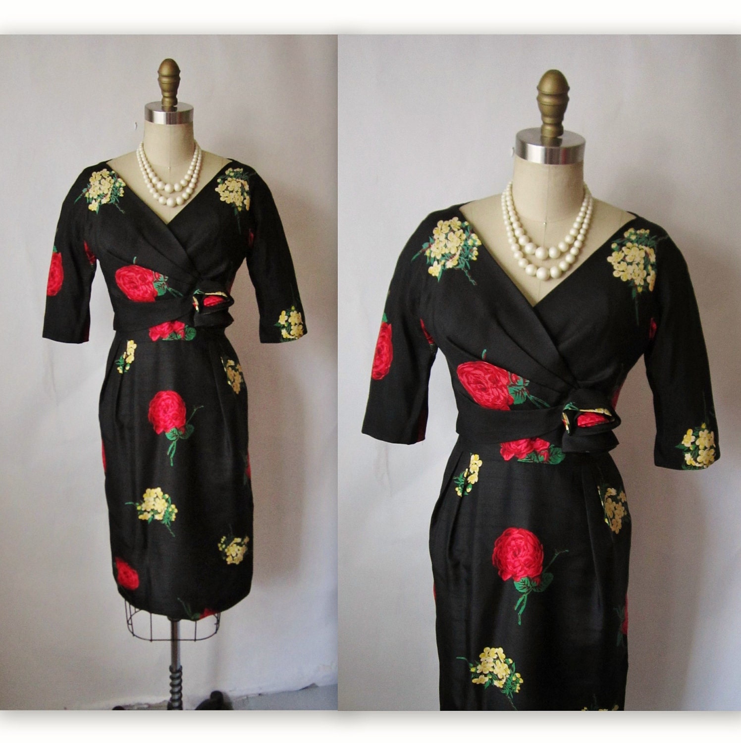 Reserved for Milena 50's Floral Wiggle Dress // Vintage 1950's Floral Print Silk Cocktail Party Mad Men Wiggle Dress XS