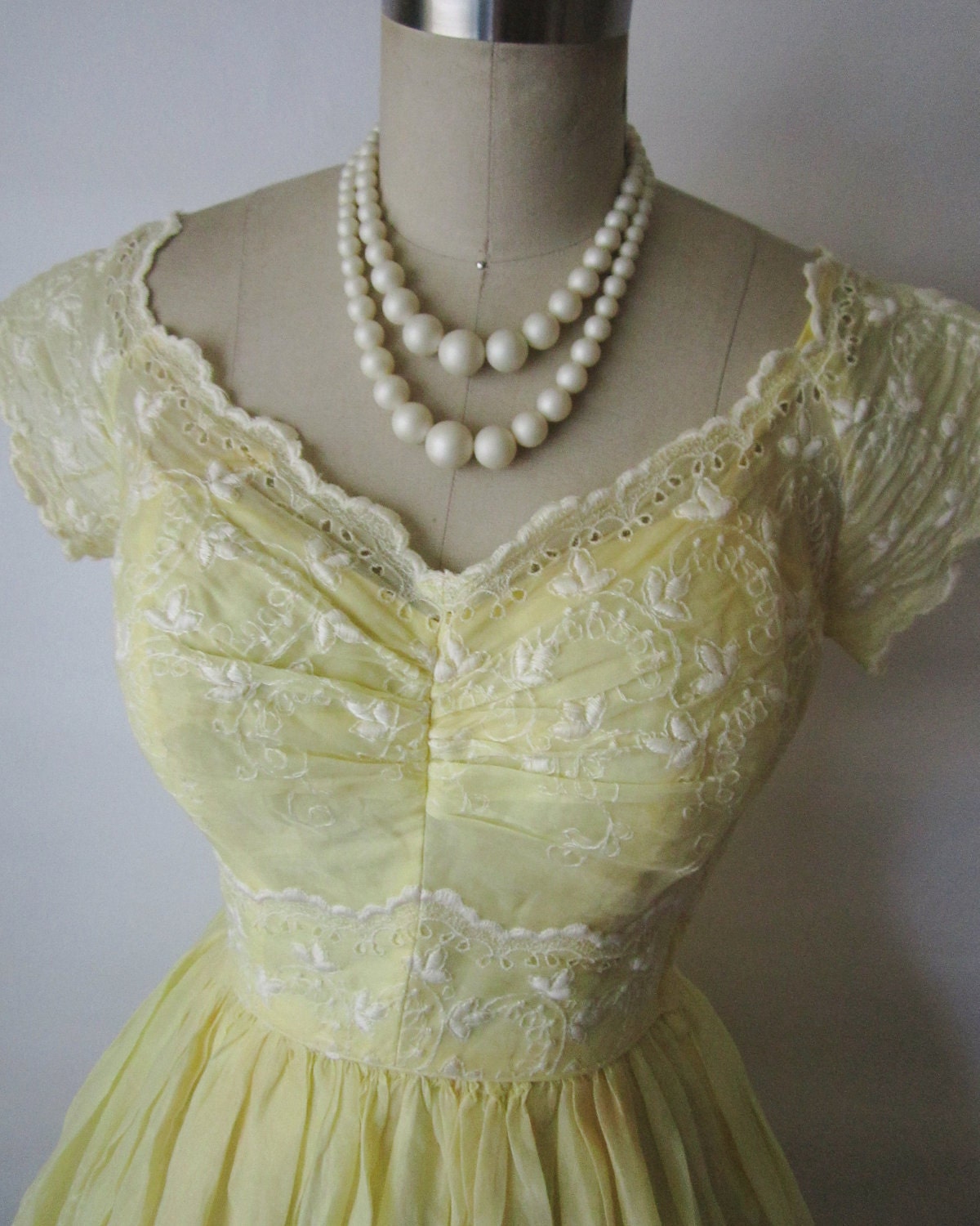 50's Eyelet Dress // Vintage 1950's Emma Domb Embroidered Organdy Canary Yellow Prom Wedding Dress XS