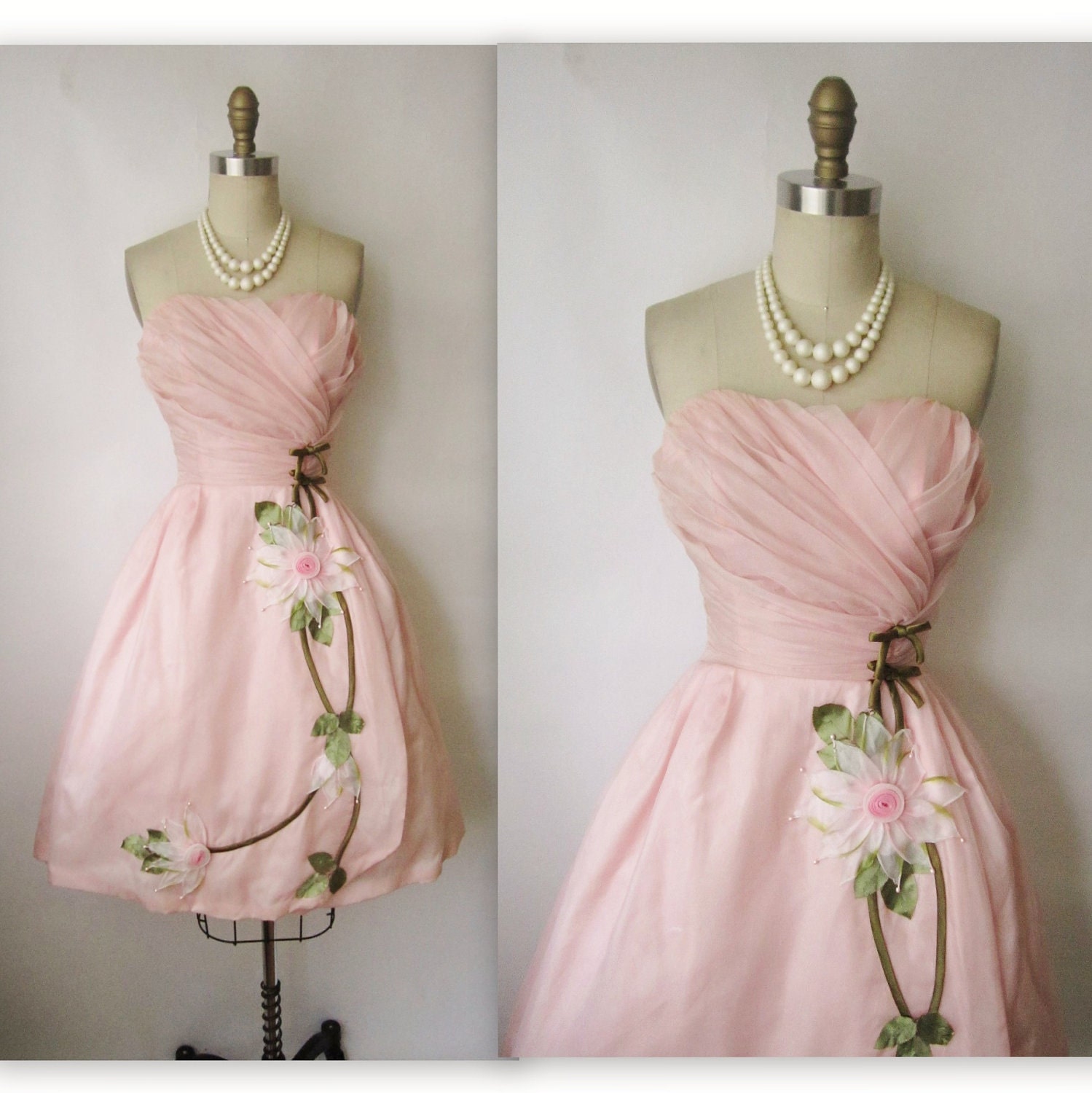 50's Prom Dress // Vintage 1950's Pink Organza Floral Applique Full Wedding Party Prom Dress XS
