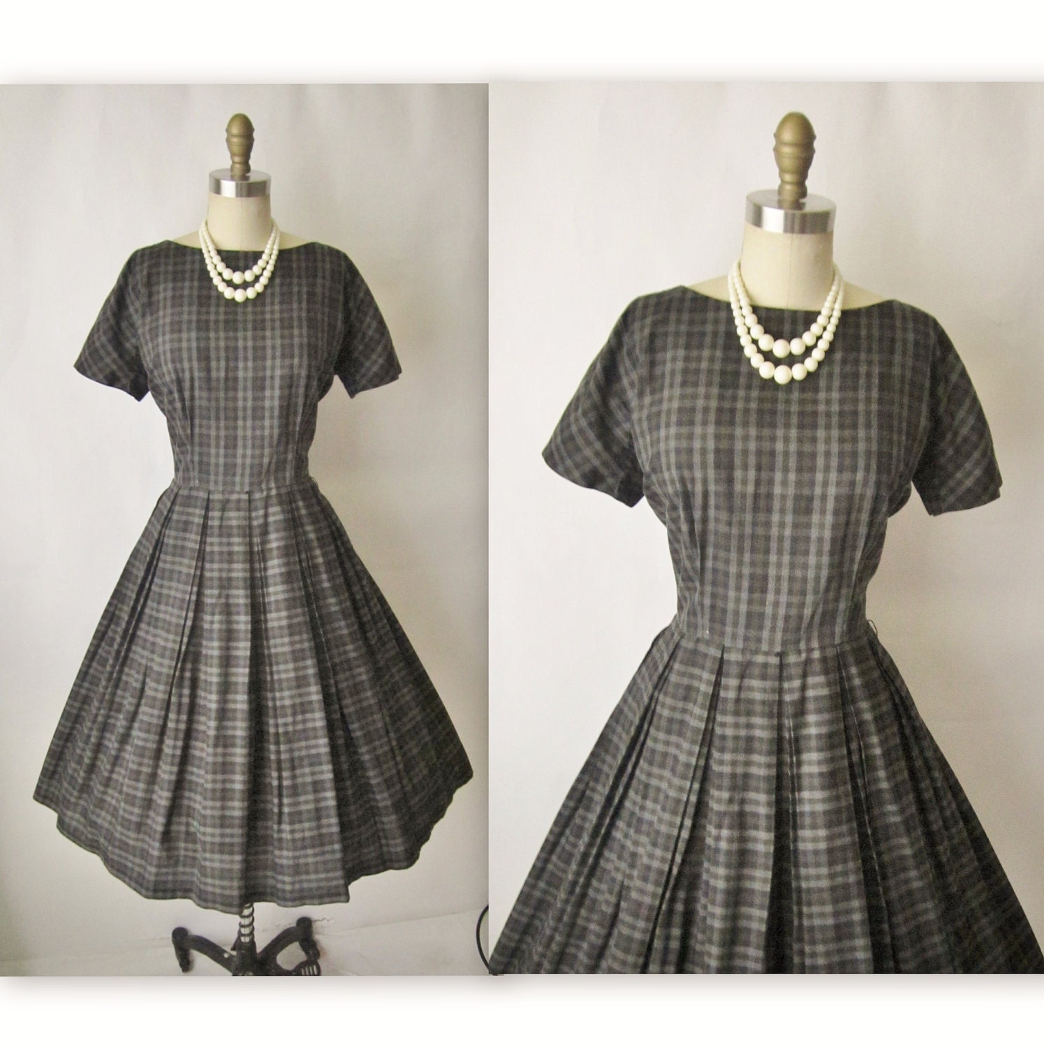 50's Charcoal Plaid Dress // Vintage 1950's Plaid Cotton Casual Mad Men Day Dress M L