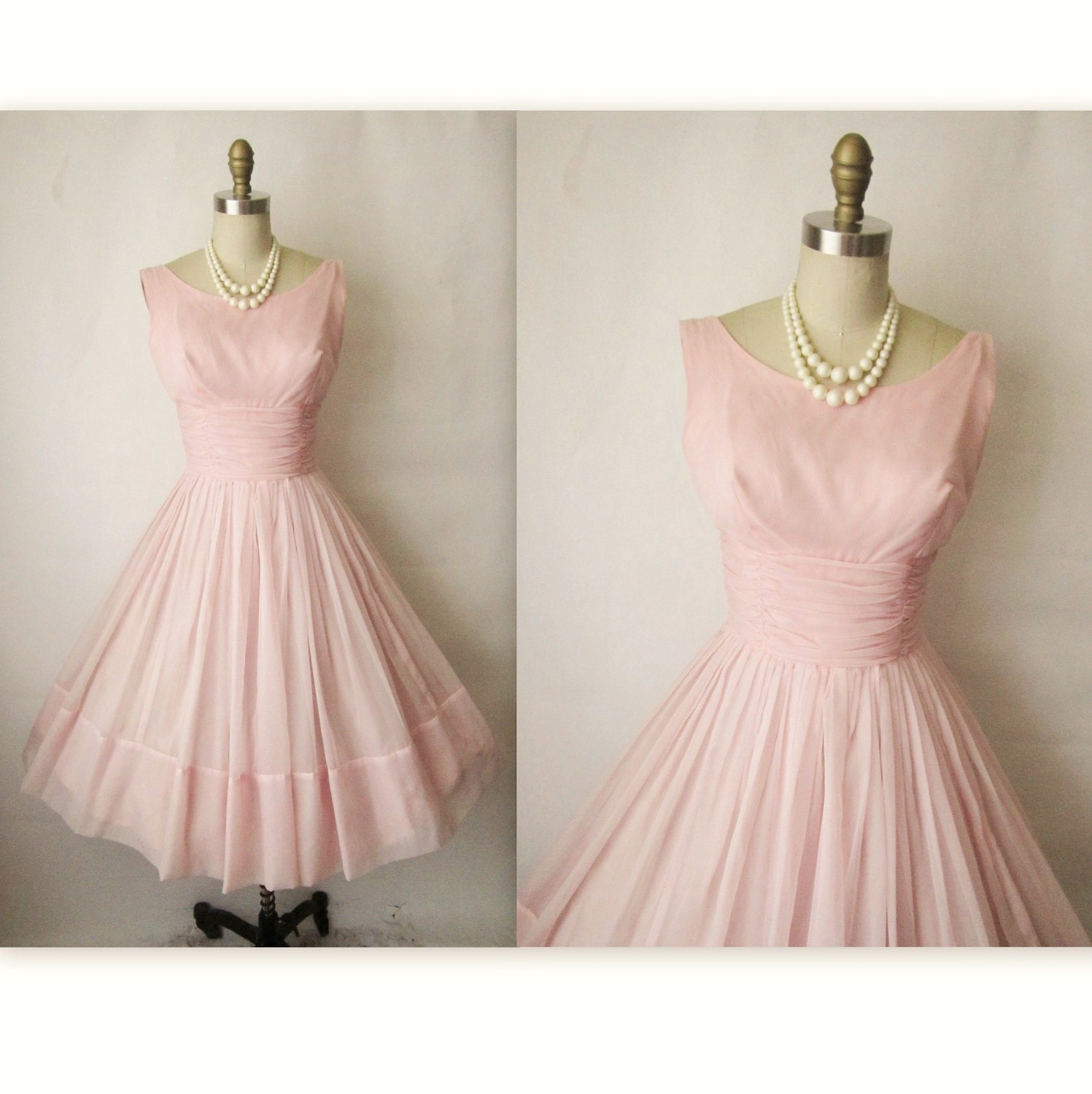 50's Chiffon Dress // Vintage 1950's Pink Chiffon Pink Shelf Bust Wedding Party Prom Dress Gown M