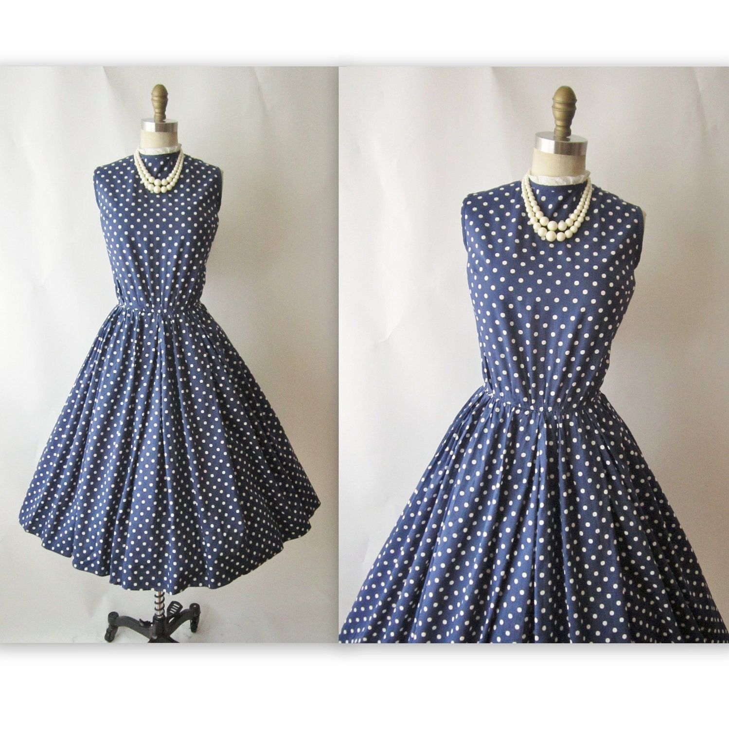 50's Polka Dot Dress // Vintage 1950's Navy Polka Dot Cotton Full Garden Party Dress S M