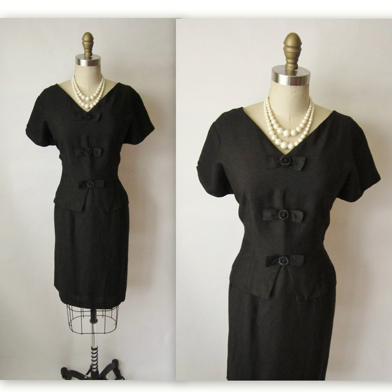 50's Cocktail Dress // Vintage 1950's Black Fitted Cocktail Party Wiggle Dress L