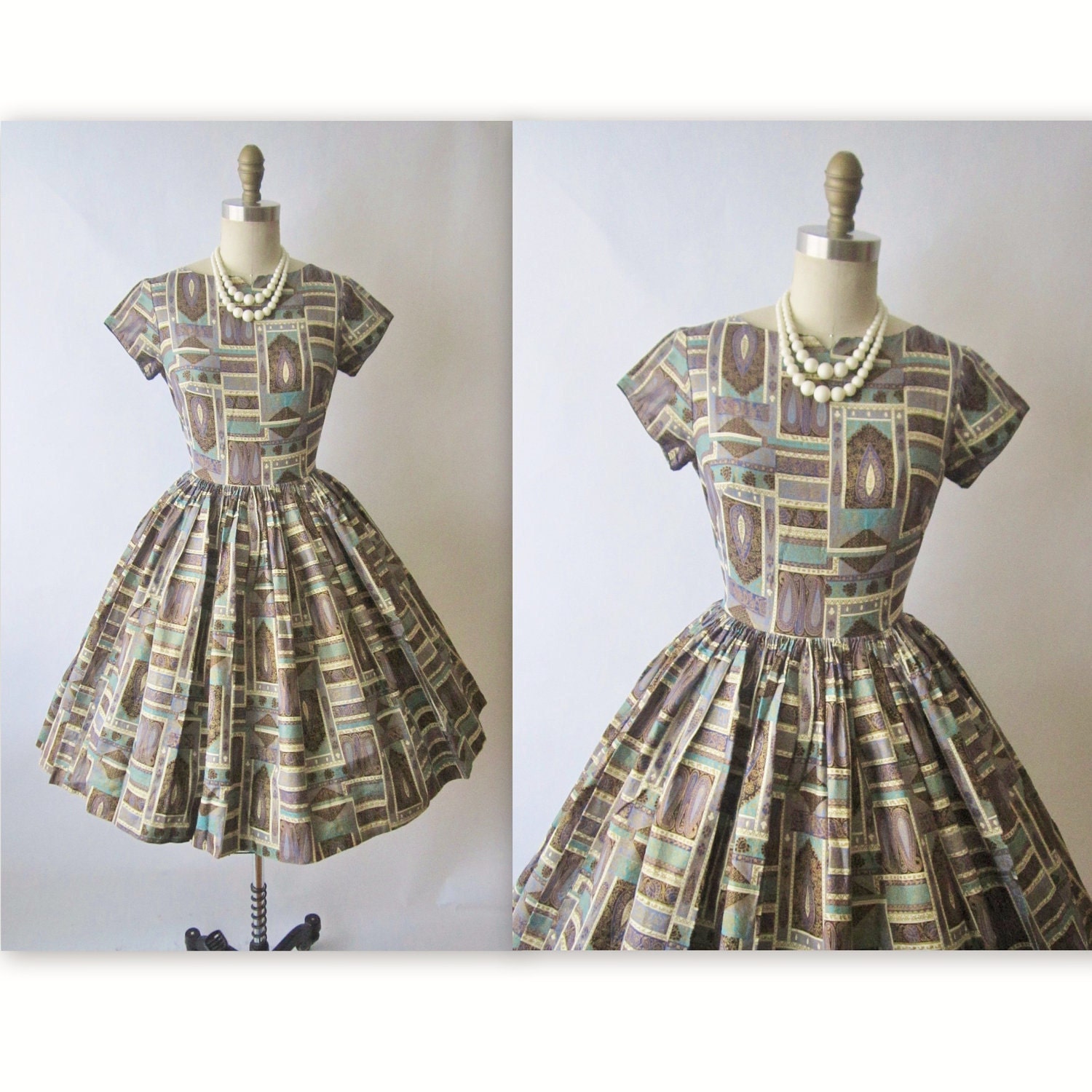 50's Mad Men Dress // Vintage 1950's Print Cotton Garden Party Mad Men Dress XS