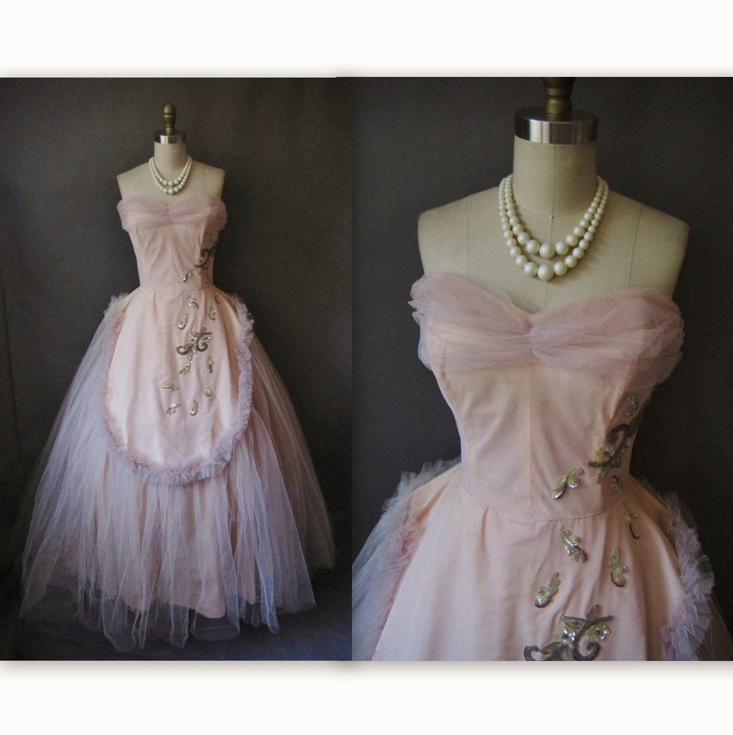 50's Prom Dress // Vintage 1950's Beaded Pink Tulle Strapless Will Steinman Wedding Prom Fantasy Dress S M