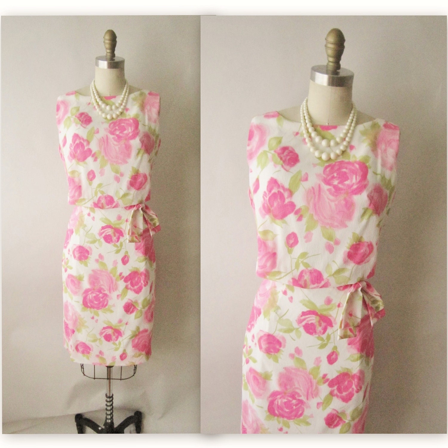 60's Rose Print Dress // Vintage 1960's Pink Rose Print Fitted Sheath Garden Party Summer Dress NOS Tags S M