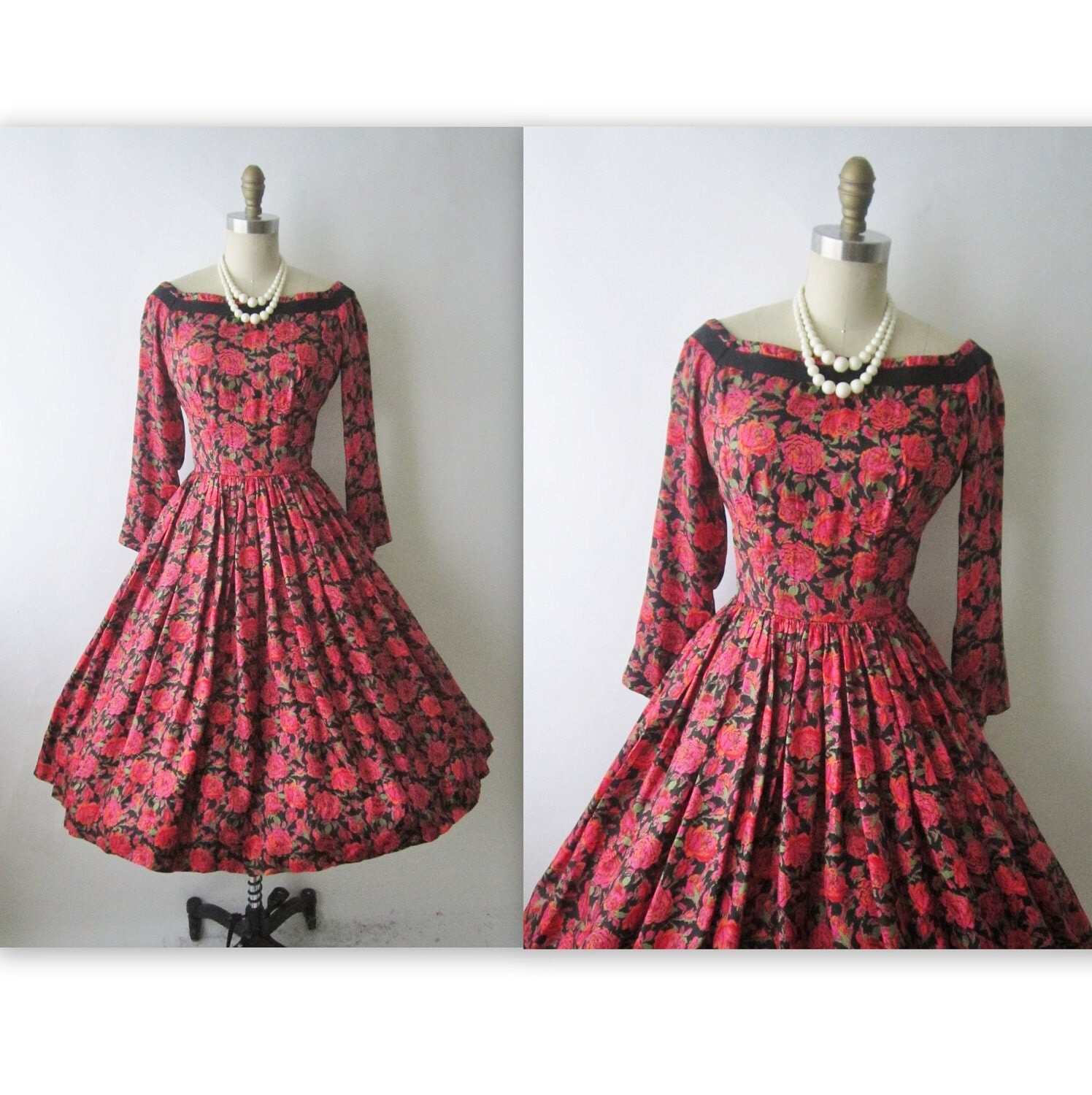 50's Floral Cocktail Dress // Vintage 1950's Floral Print Silk Full Cocktail Party Dress XS