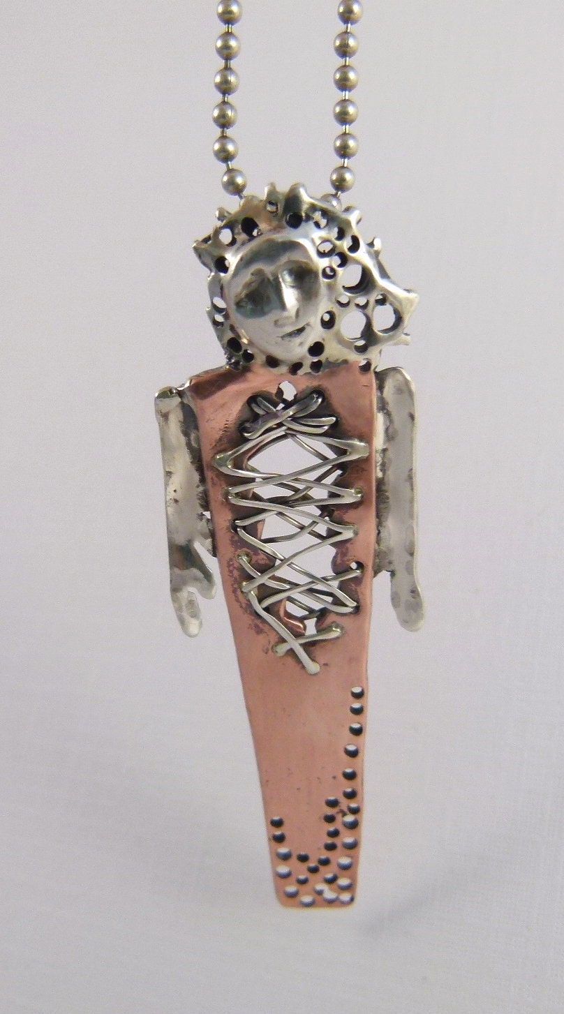 Talilla Is All Torn Up - Art Jewelry Pendant - Repurposed Sterling, Copper, And PMC - 787