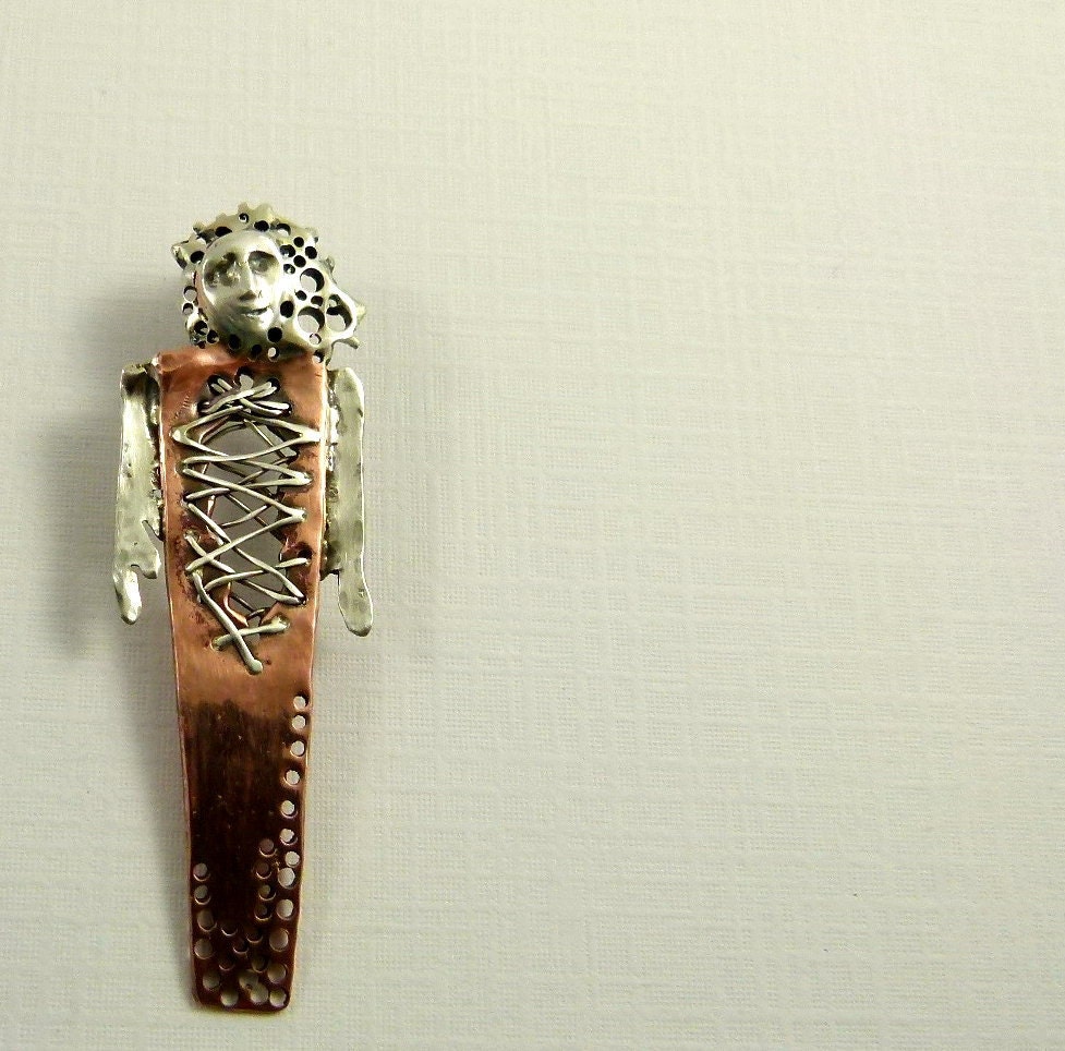 Talilla Is All Torn Up - Art Jewelry Pendant - Repurposed Sterling, Copper, And PMC - 787