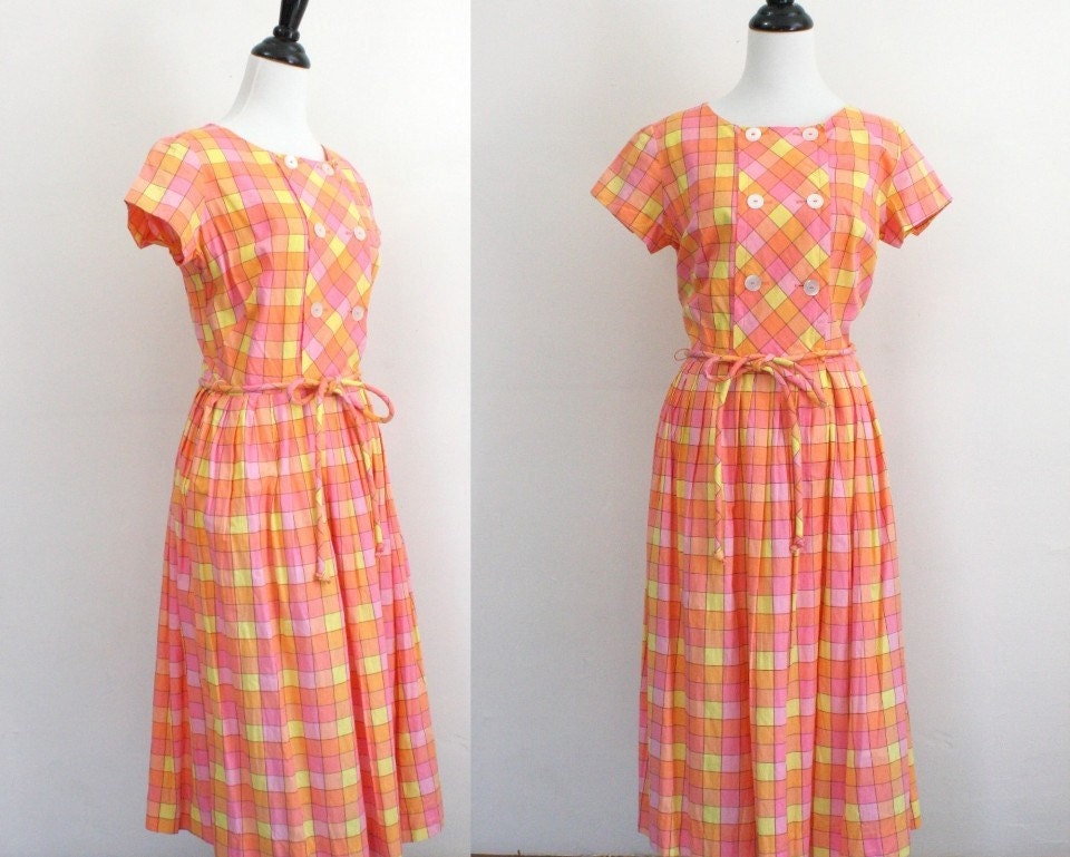 50s dress / 1950s pink and orange plaid dress / Dress XS Small Simpli-Smart