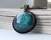Turquoise blue sparkling resin galaxy brass necklace