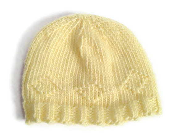 Baby Hat Pale Yellow Handknit in Diamond Pattern