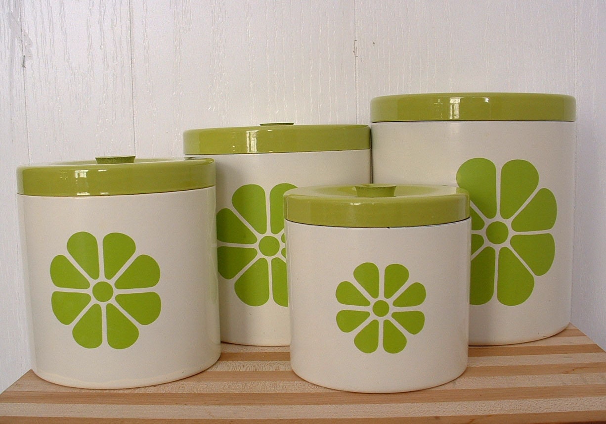 Kitchen canister set with lids - Lime green design on white - Vintage - Retro Ready to Ship
