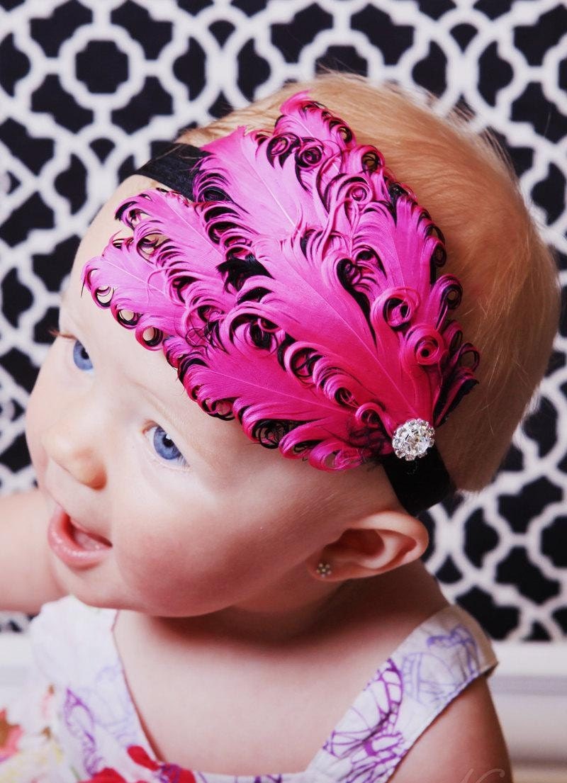 Hot Pink and Black Feather Headband - Wow - All Sizes - Newborn Headband - Baby Headband