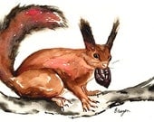 Red Squirrel ACEO - Animal Wildlife Art Japanese Brush Sumi-e - Limited Edition Miniature Art Print - BrazenDesignStudio