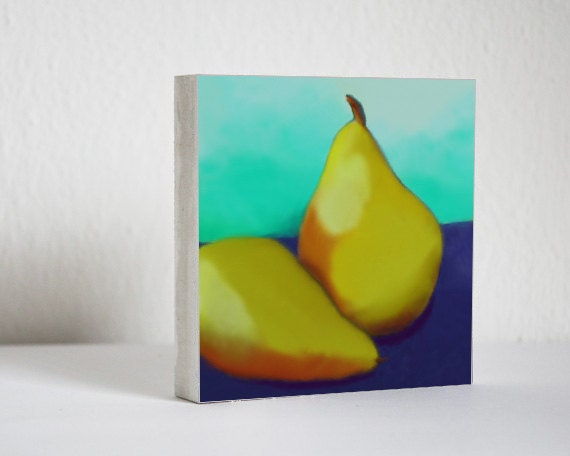 Wall Decor - Art Block - Yellow Pears Still Life Painting - 6x6 Wood Block Art Print - Fruit Food Home Decor Housewares